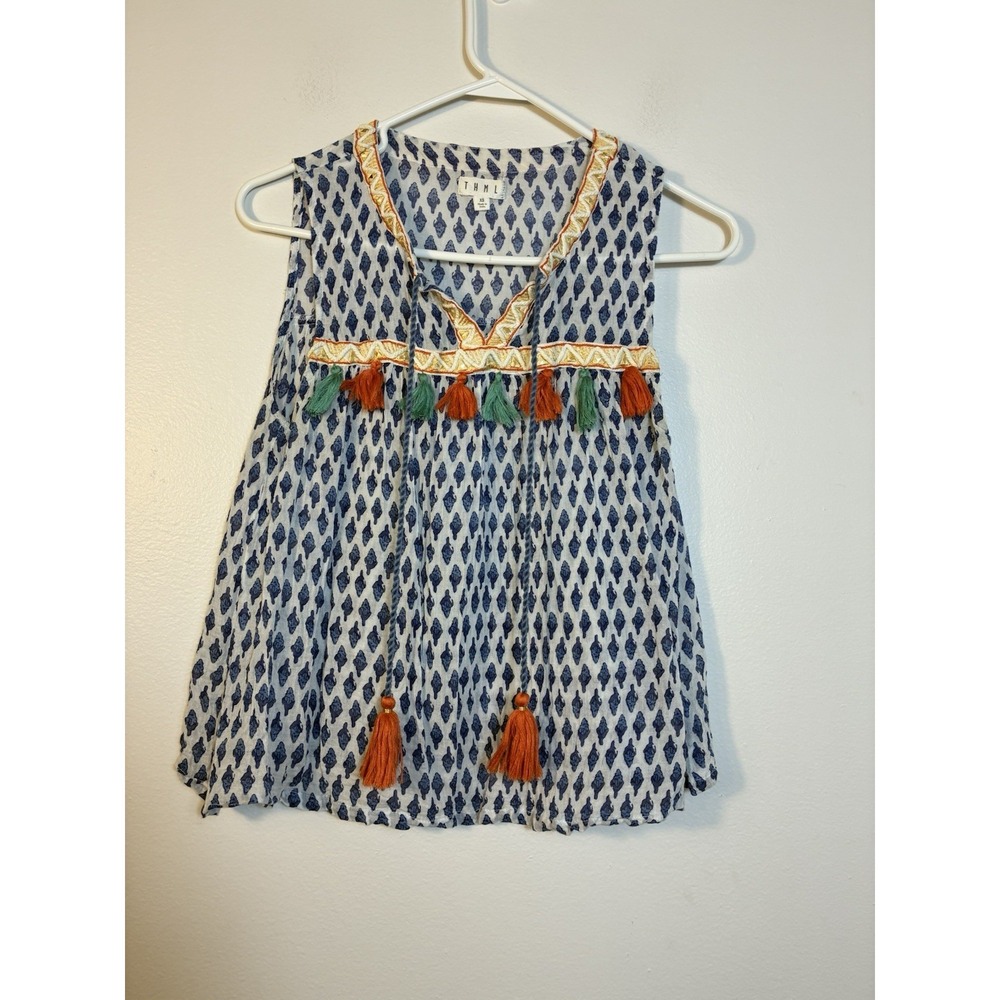 THML Boho Tank Blouse Tassles Women's Sz XS Blue Geometric Print  Cotton